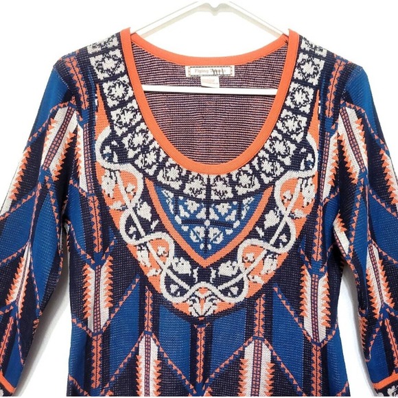 Flying Tomato Aztec Print Sweater Dress Size L Bodycon 3/4 Sleeve Blue Orange - Picture 3 of 6